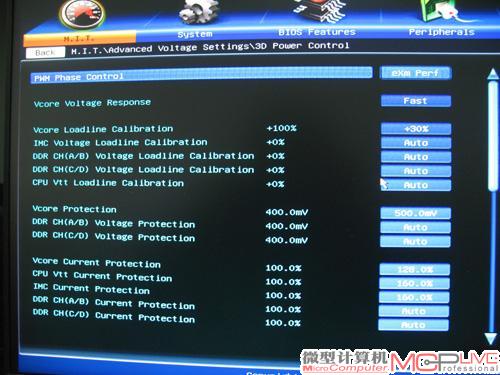 “3D Power Cont rol 3D电源控制”单元是GA-X79-UD7 BIOS的亮点，需注意的是，技嘉主板里负载校准的调节数值与掉压幅度成正比关系，数值越小，掉压幅度就越低。