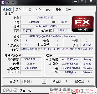 超频至5GHz的FX 4100 CPU-Z截图。FX 4100在超频状态下，处理器满载时，主板有偷加电压的现象。例如我们的5GHz频率，是在BIOS中加压到1.55V达成的。当进入系统运行CINEBENCH R11.5时，用CPU-Z能看到电压达到了1.7V的高水平。